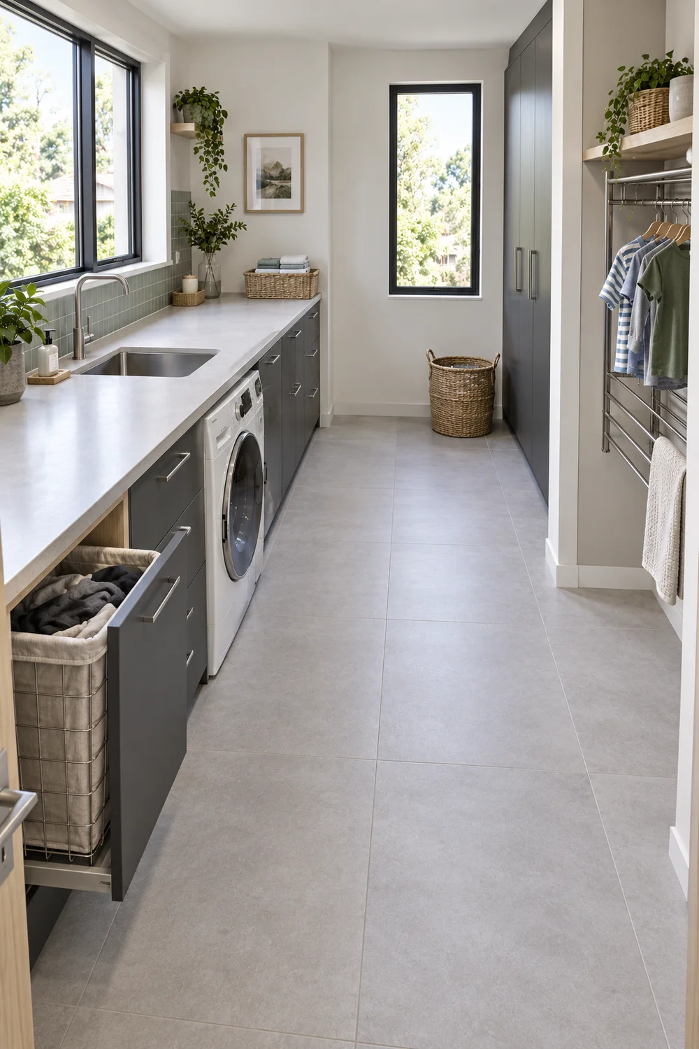 Open hamper bay beside laundry machines and a clear utility room route