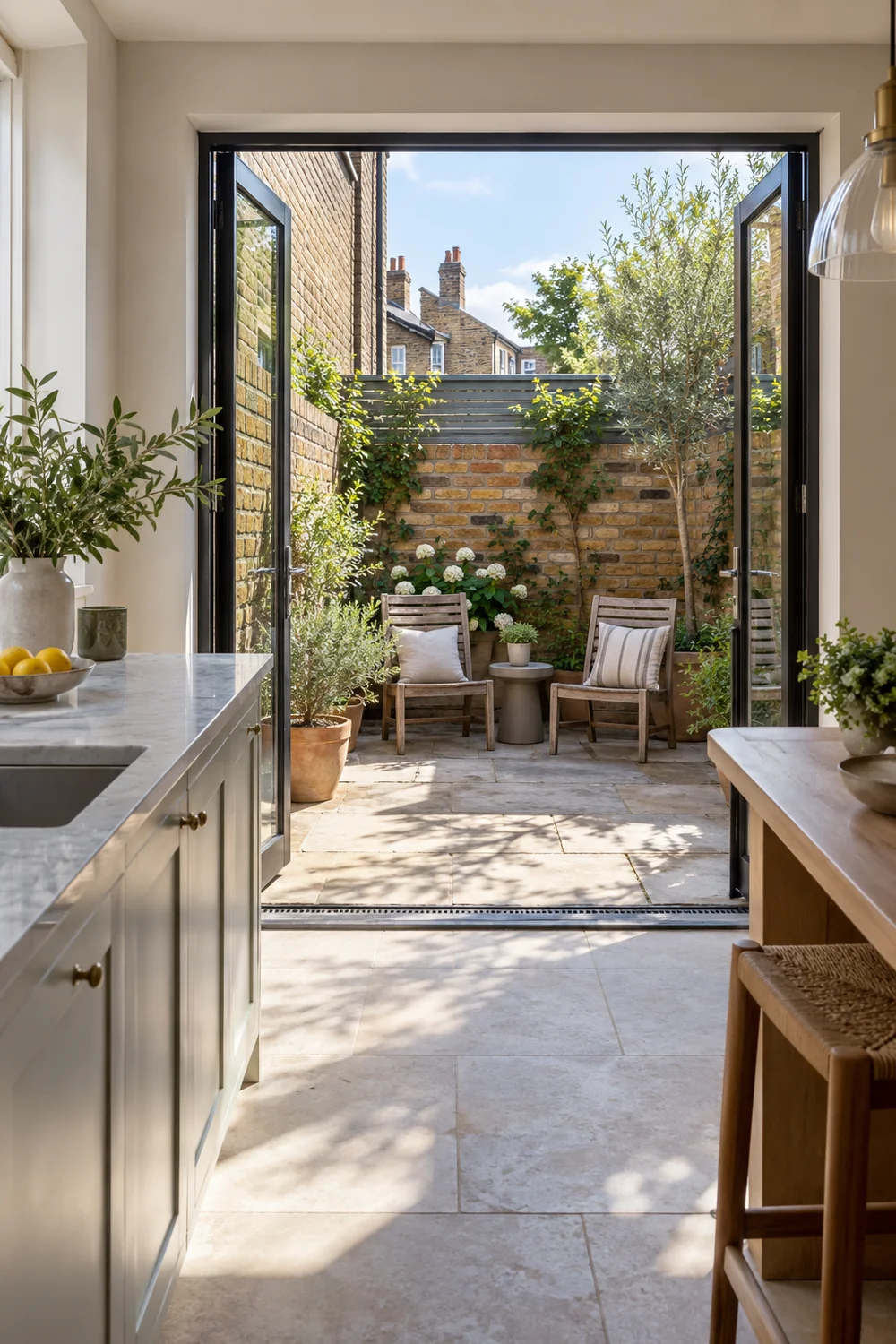 Open kitchen doors framing a planted stone courtyard