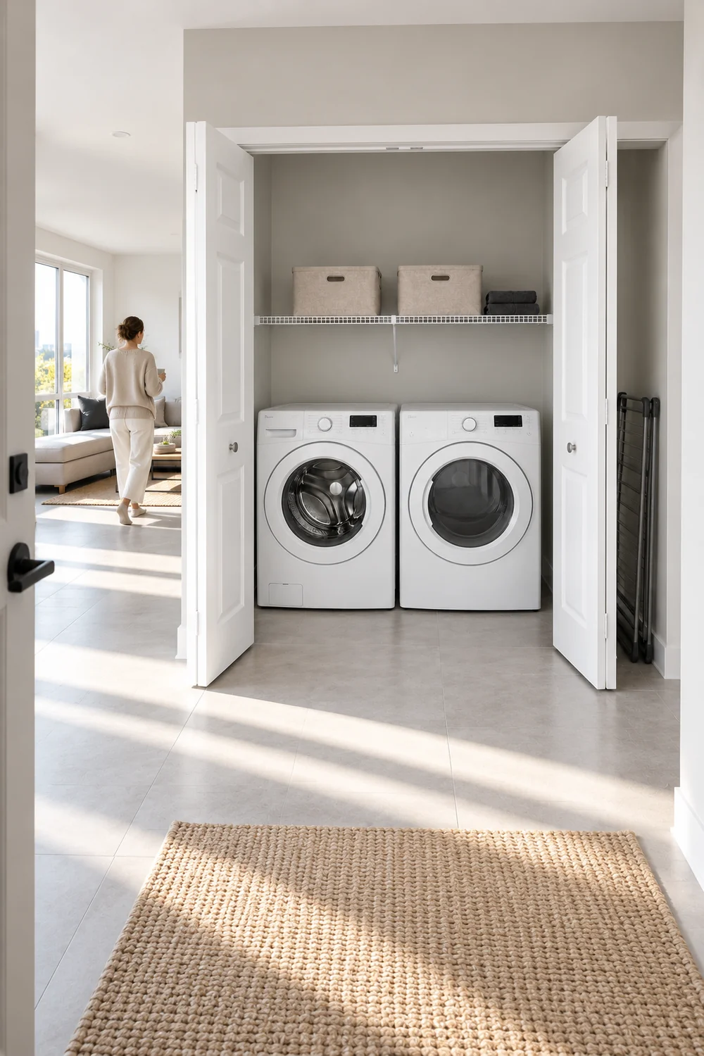 Open laundry closet with a folded rack beside it and an adult in the adjacent living area