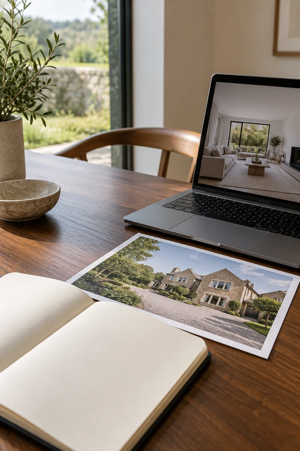Open notebook and property photograph beside a laptop