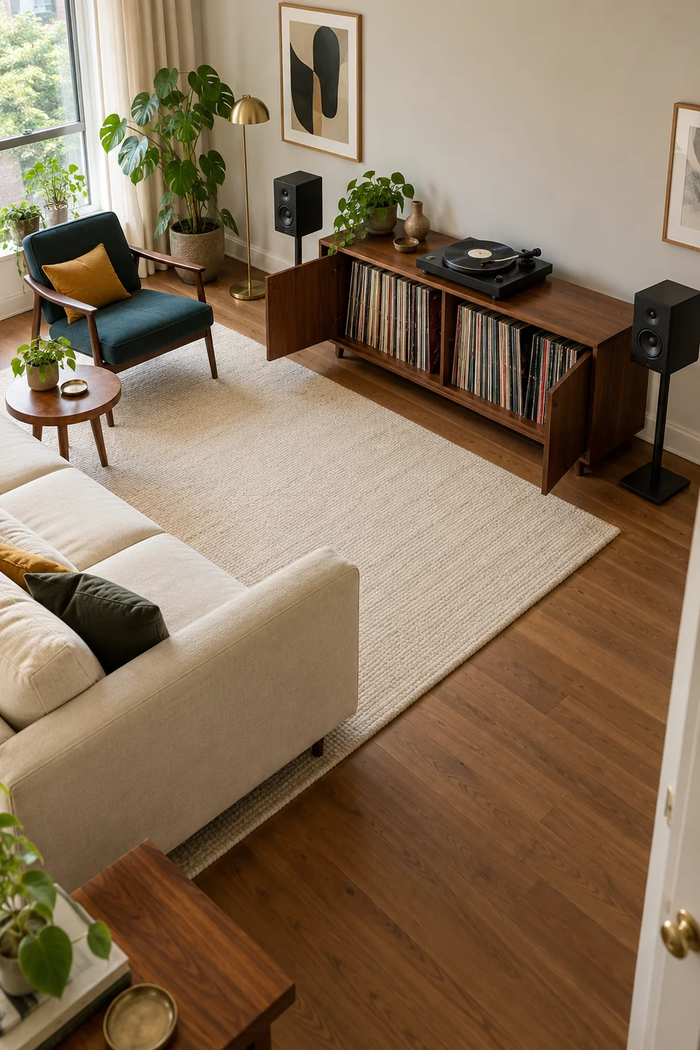 Open record cabinet doors beside a clear route past cream seating