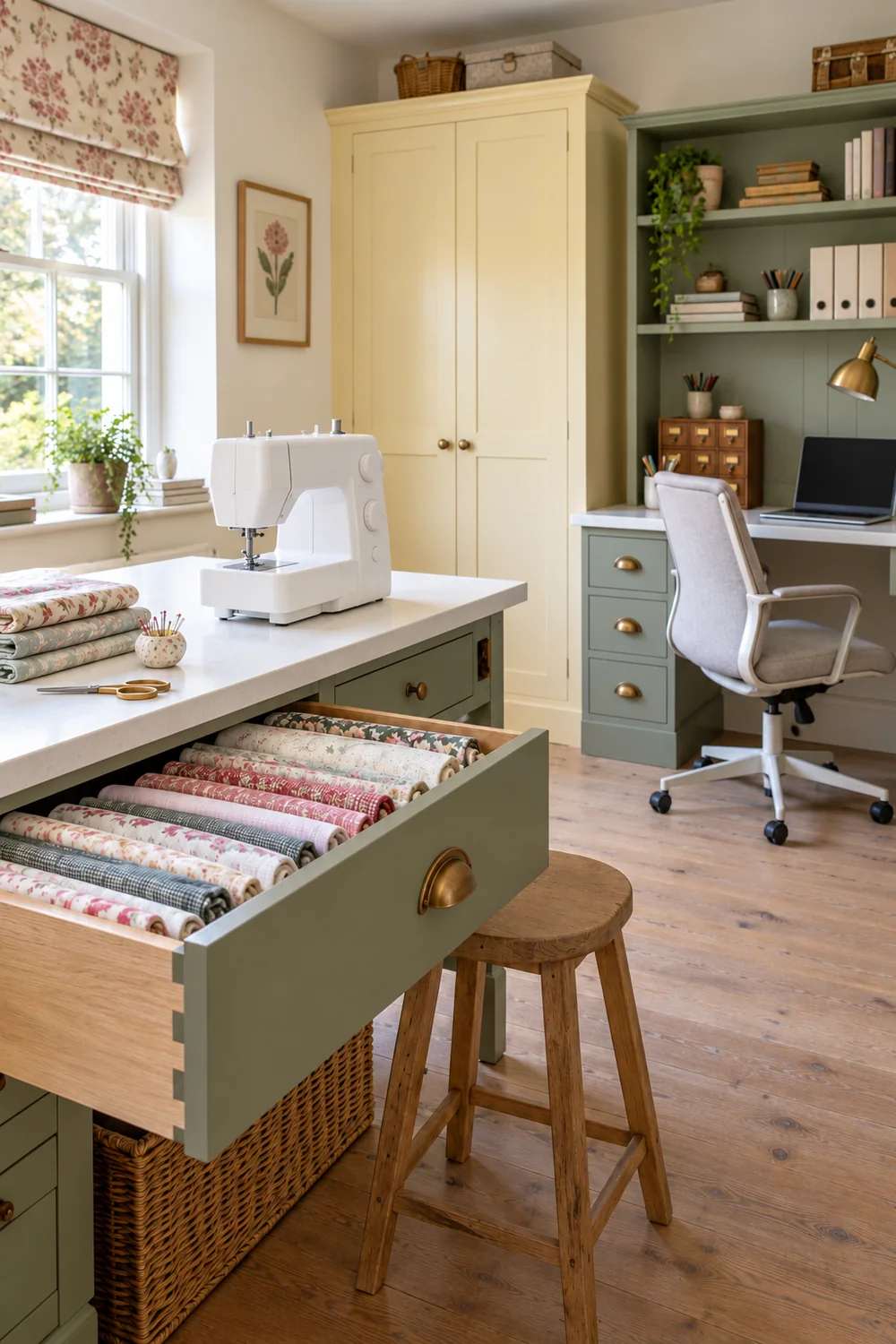 Open sage drawer holding folded fabric beneath a white sewing worktop