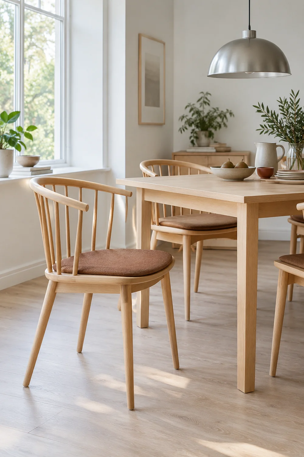 Open spindle back beech dining chair with a tobacco seat pad beside a bright window
