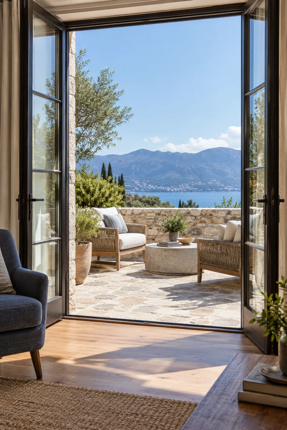 Open suite terrace doors framing outdoor chairs and a stone boundary