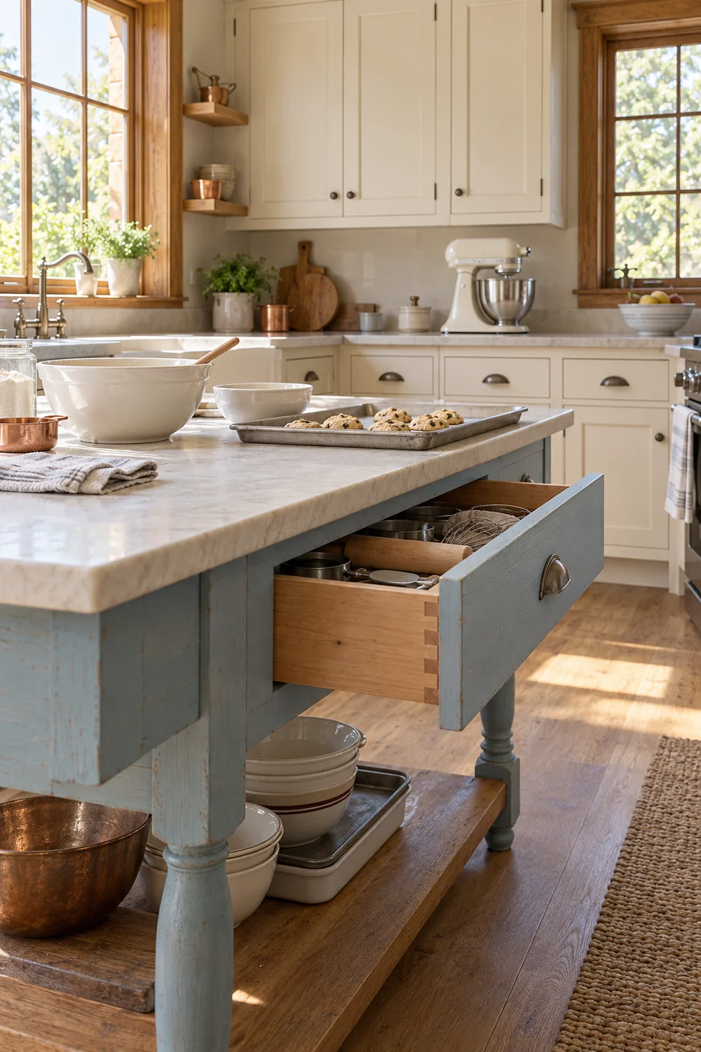 Open tool drawer beneath a blue baking table with clear walking space