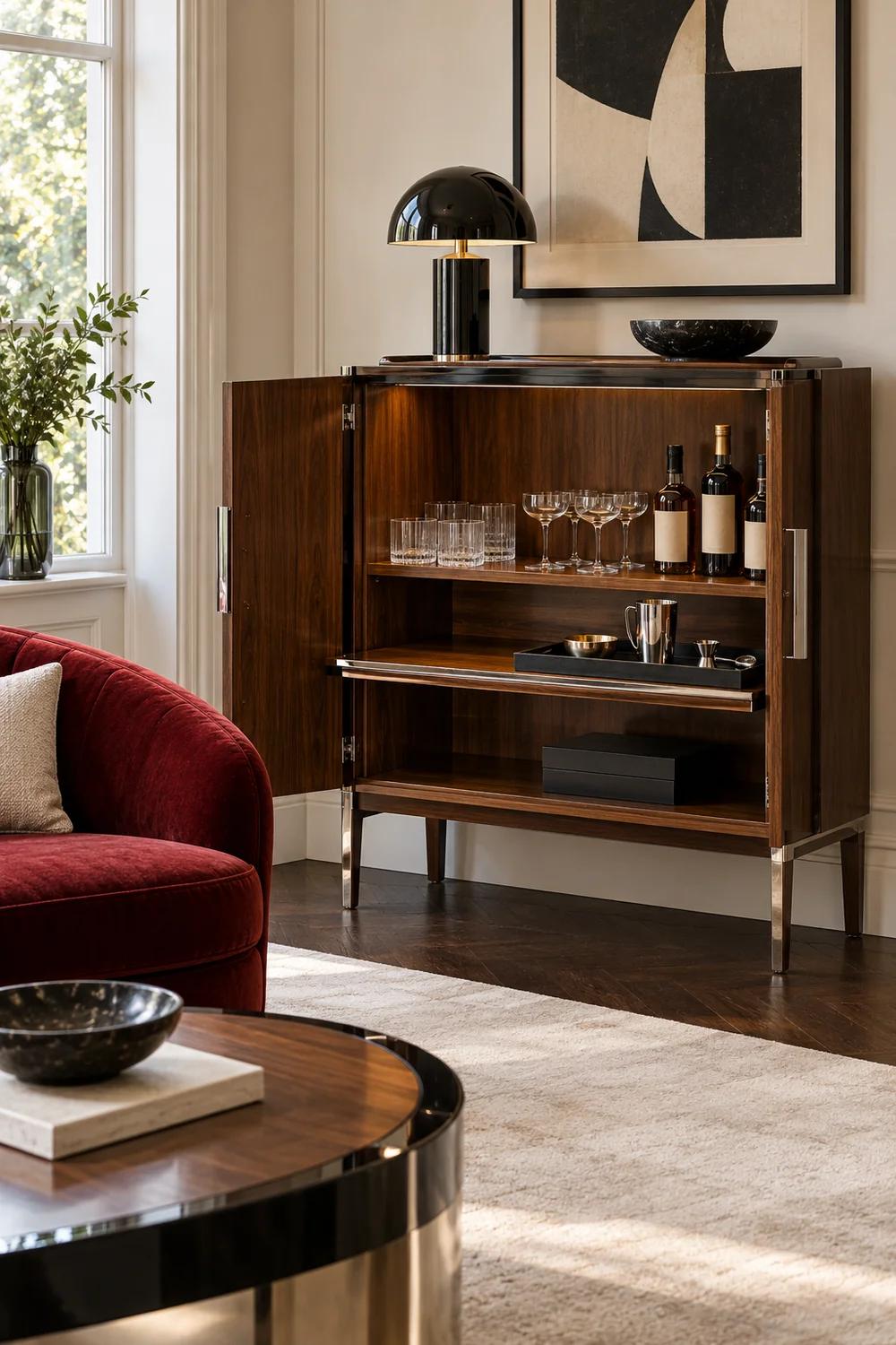 Open walnut cabinet with accessible glass groups and a separate tool tray