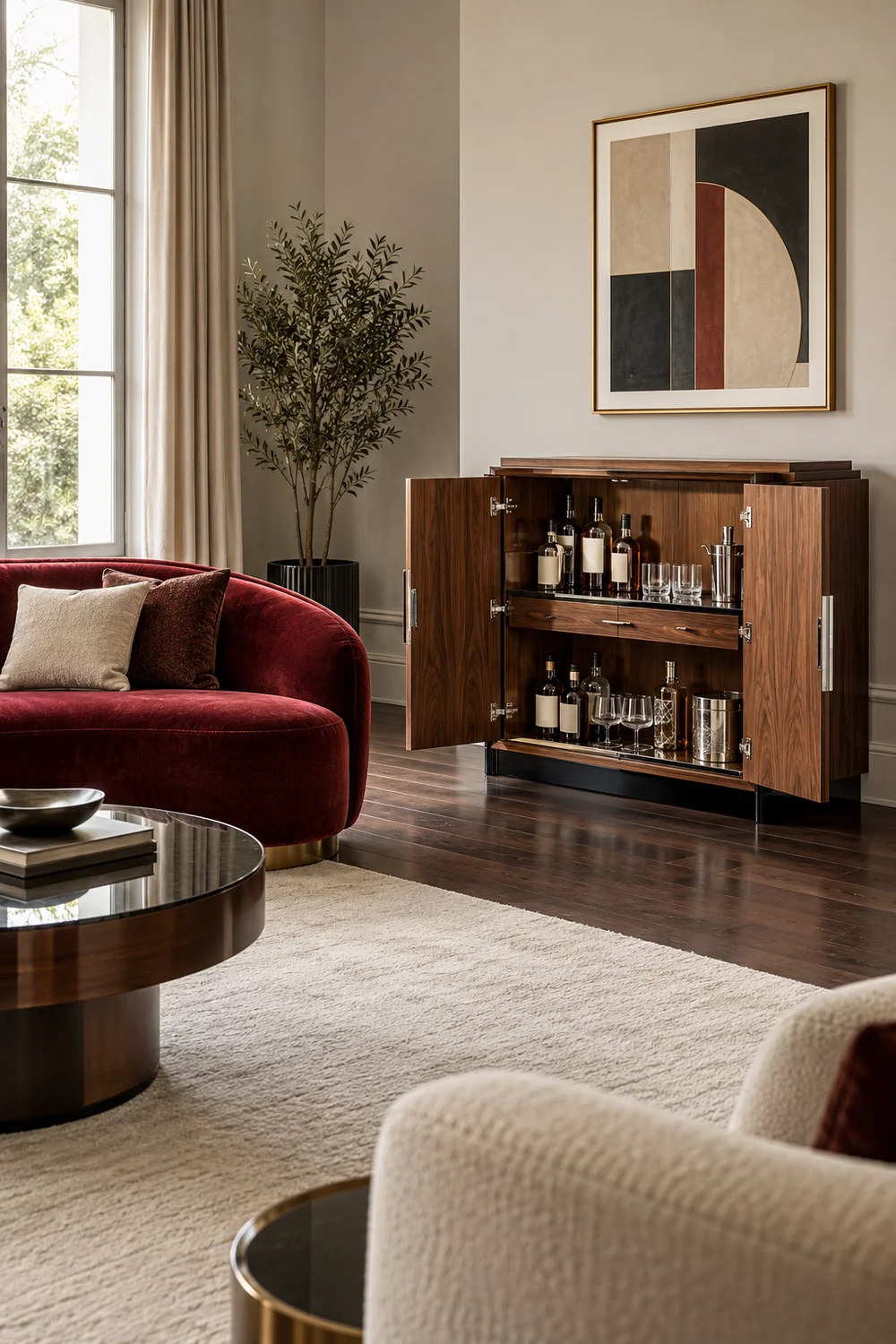 Open walnut cabinet with glass shelves beside red seating and clear floor space