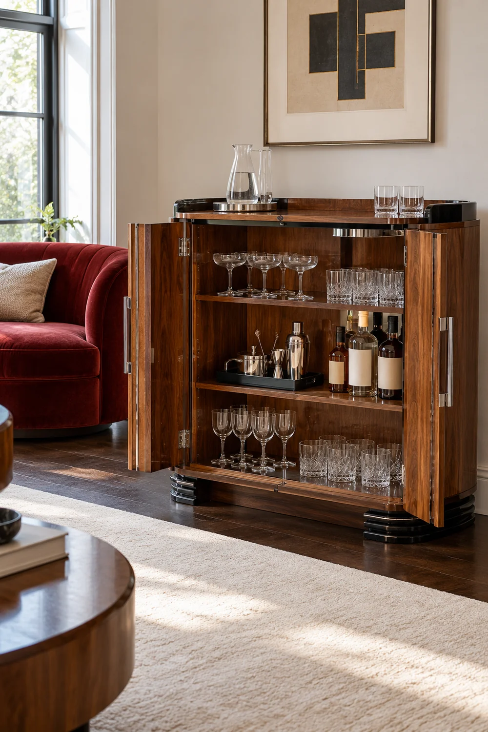 Open walnut cabinet with grouped glasses a tool tray and water on its clear top