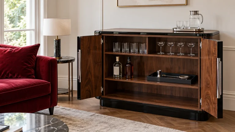 Open walnut cabinet with two glass groups bottles and a separate tool tray