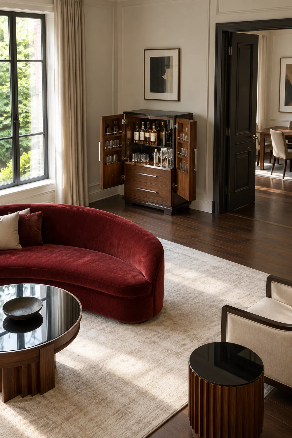 Open walnut drinks cabinet beside a doorway and curved red sofa