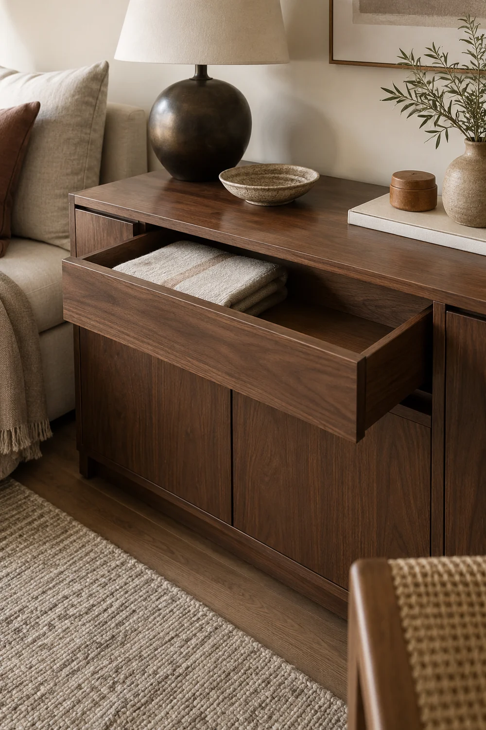 Open walnut guest drawer with folded cream linen and spare space beside a sofa