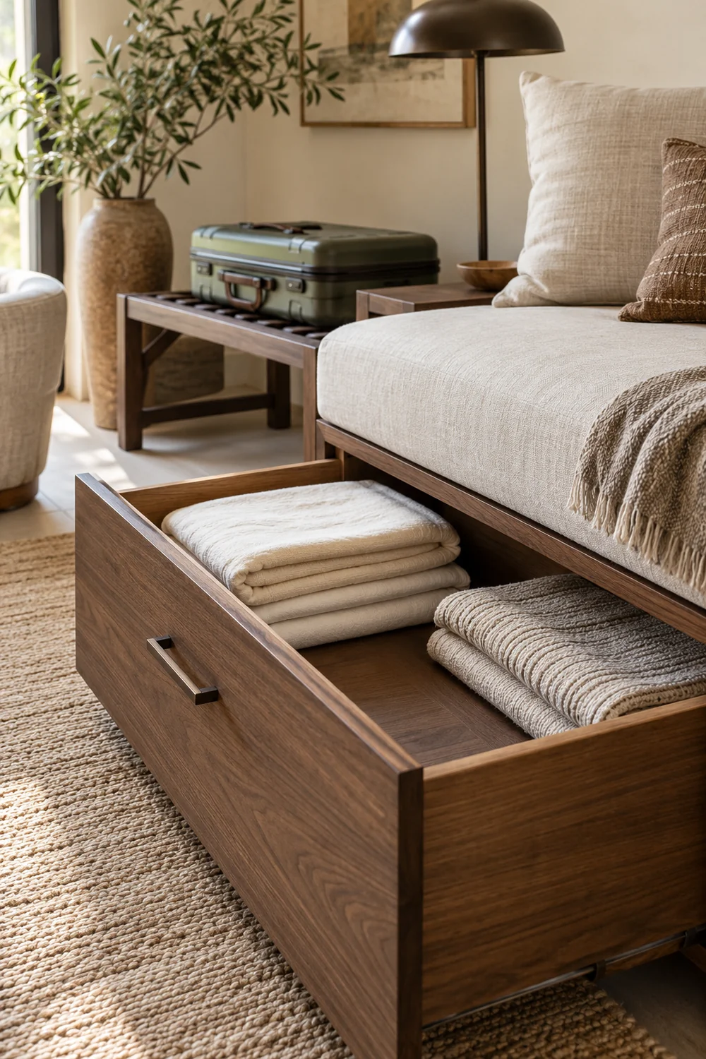 Open walnut linen drawer beneath an oatmeal daybed with a suitcase on a nearby bench