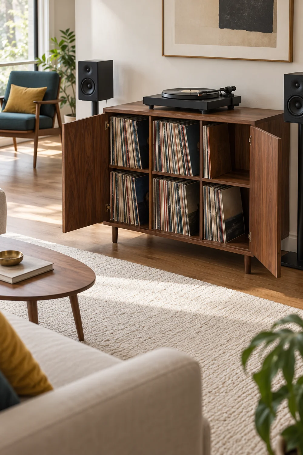 Open walnut record cabinet with spare space beside upright sleeved albums