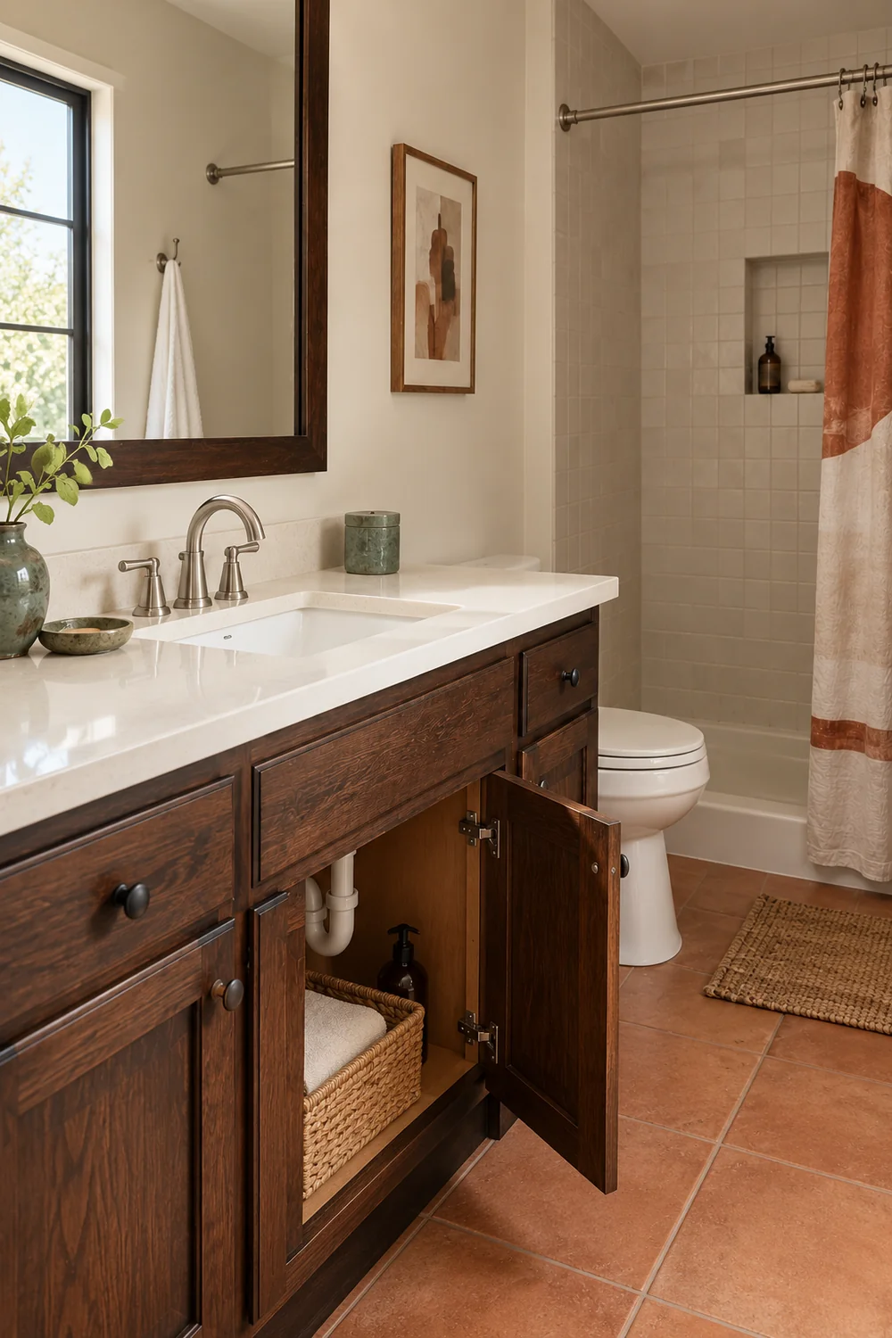 Open walnut vanity cupboard with plumbing and a basket below the white basin