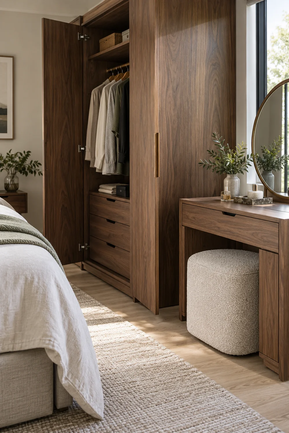 Open walnut wardrobe beside bedroom vanity and tucked stool