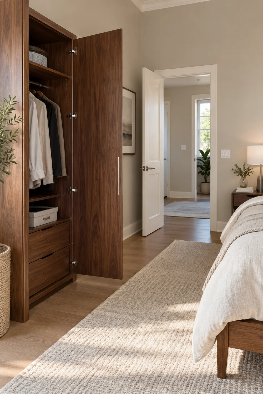 Open wardrobe door beside marked clear walking route
