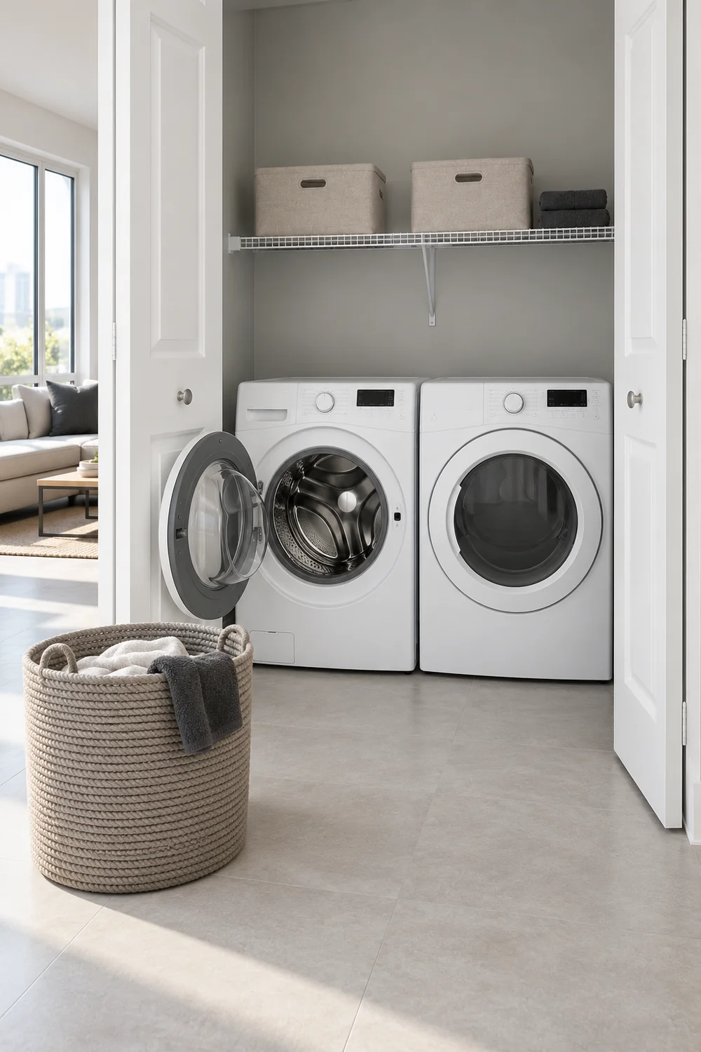 Open washer door beside a laundry basket on the clear floor outside the closet