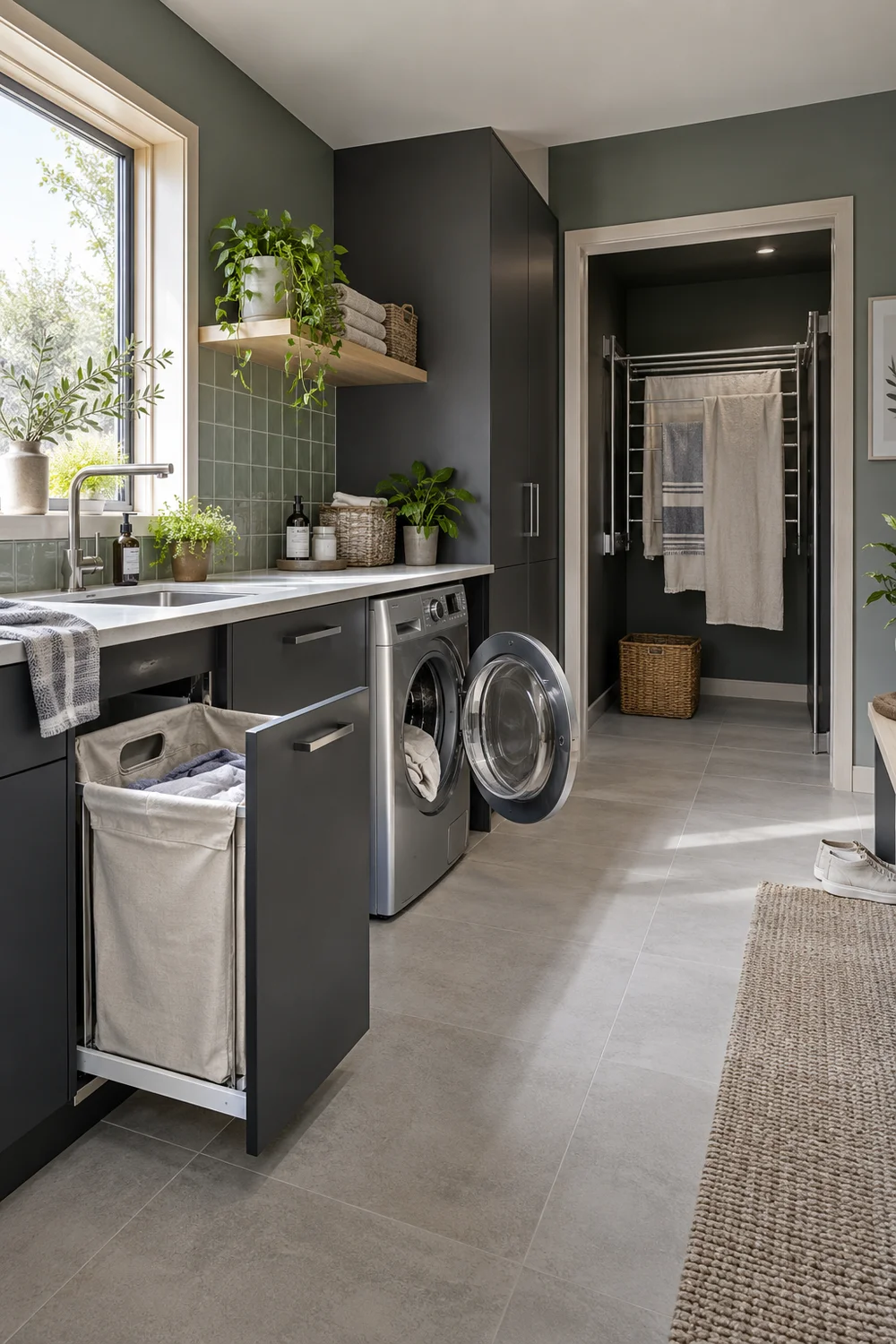 Open washing machine and hamper drawer beside a recessed drying area