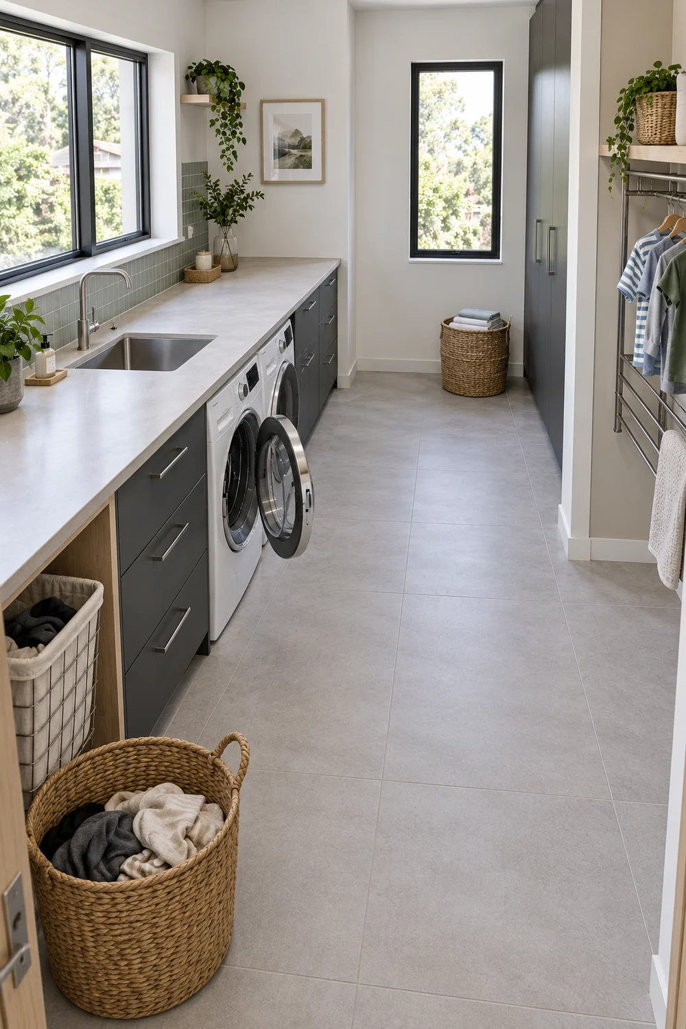 Open washing machine door and laundry baskets beside a clear utility room passage