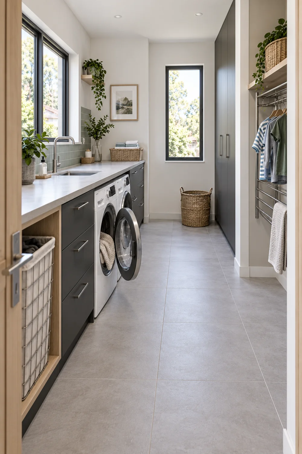 Open washing machine door beside a clear grey tiled passage