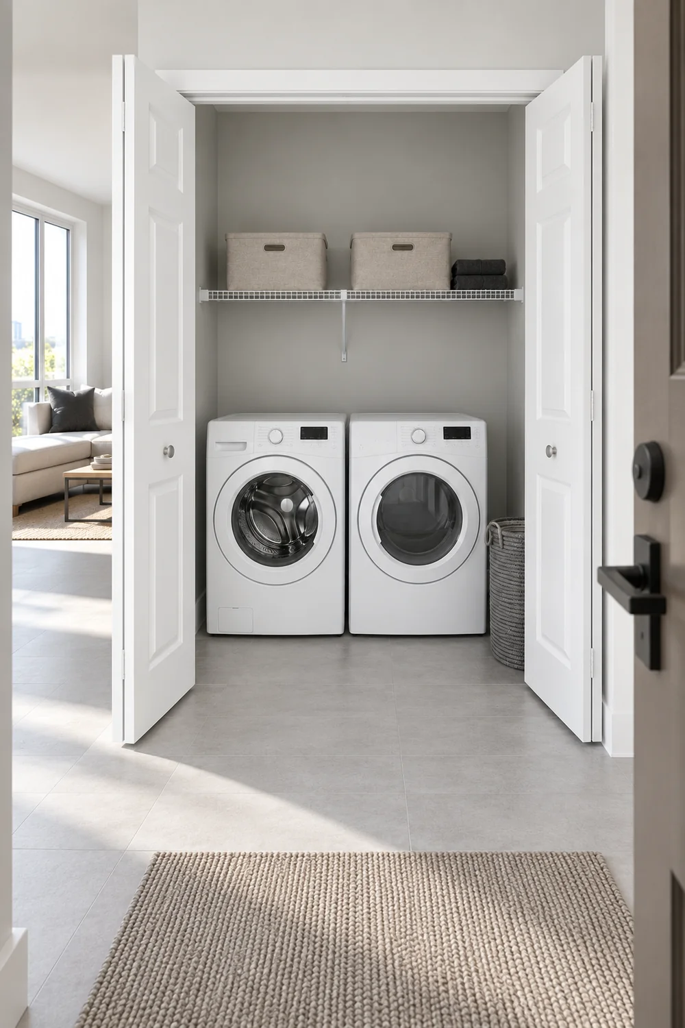 Open white closet doors reveal supplied laundry machines and a retained wire shelf