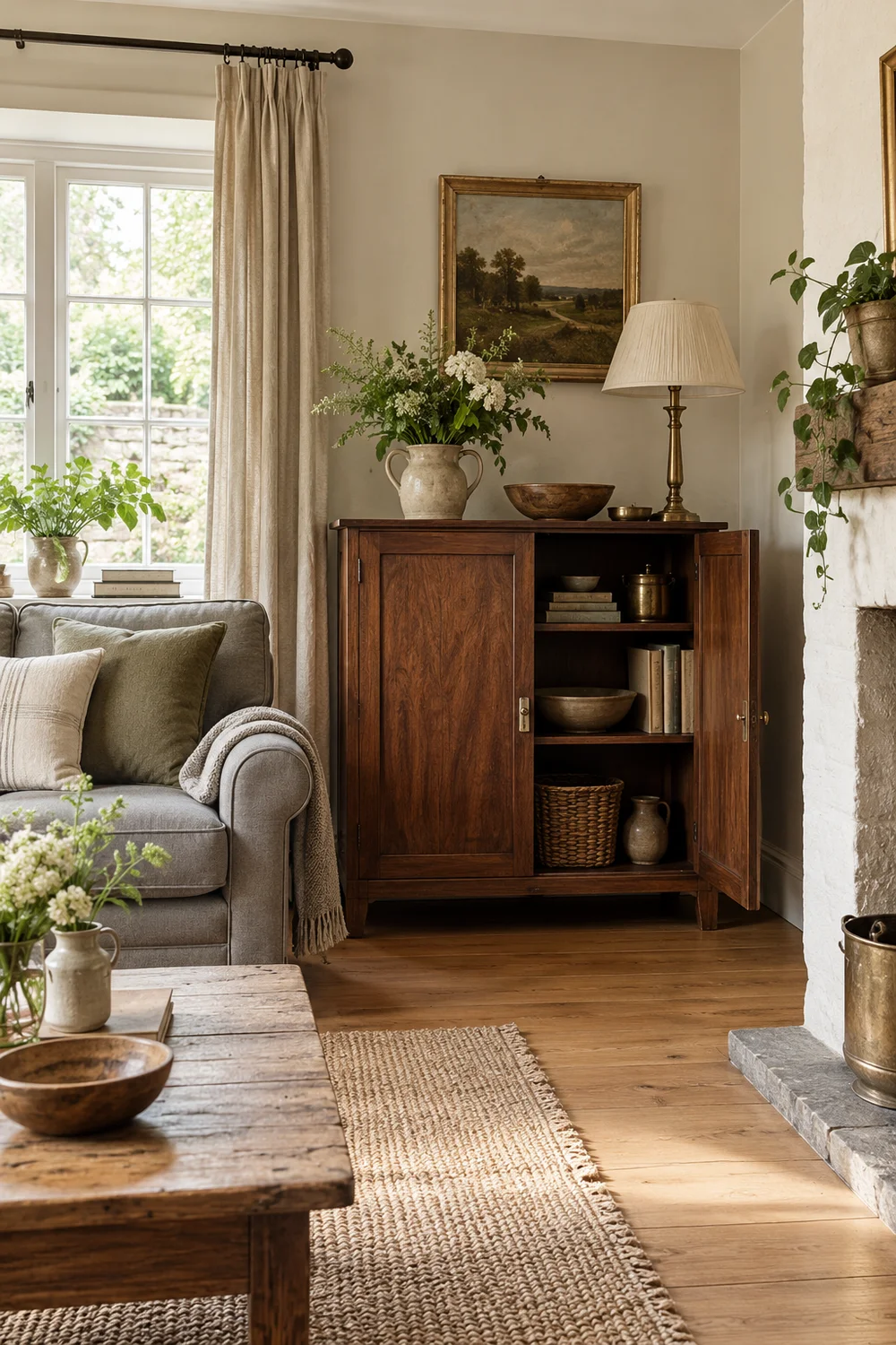 Open wooden cabinet with shelves beside a grey sofa