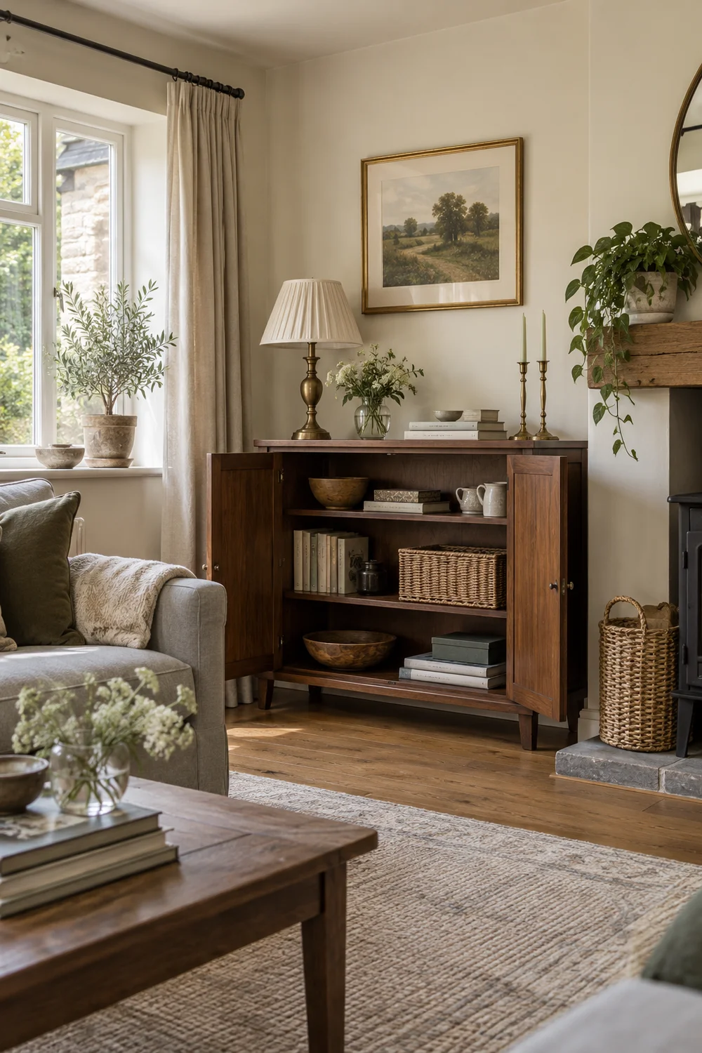 Open wooden storage cabinet with usable space in front of cottage seating