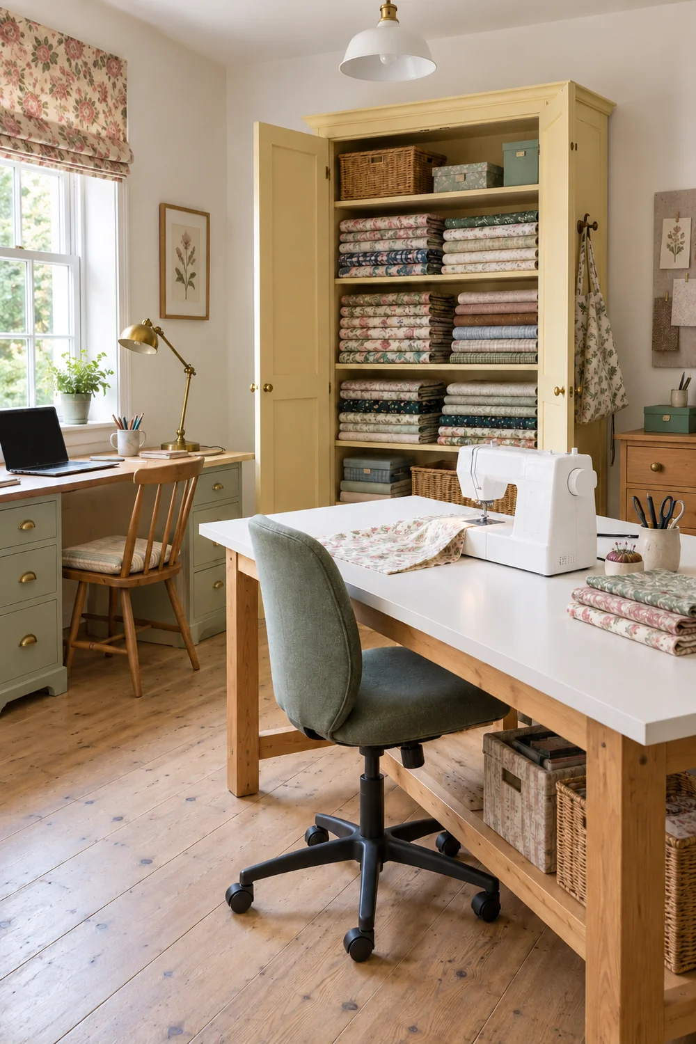 Open yellow cupboard filled with folded fabric behind a sewing table and laptop