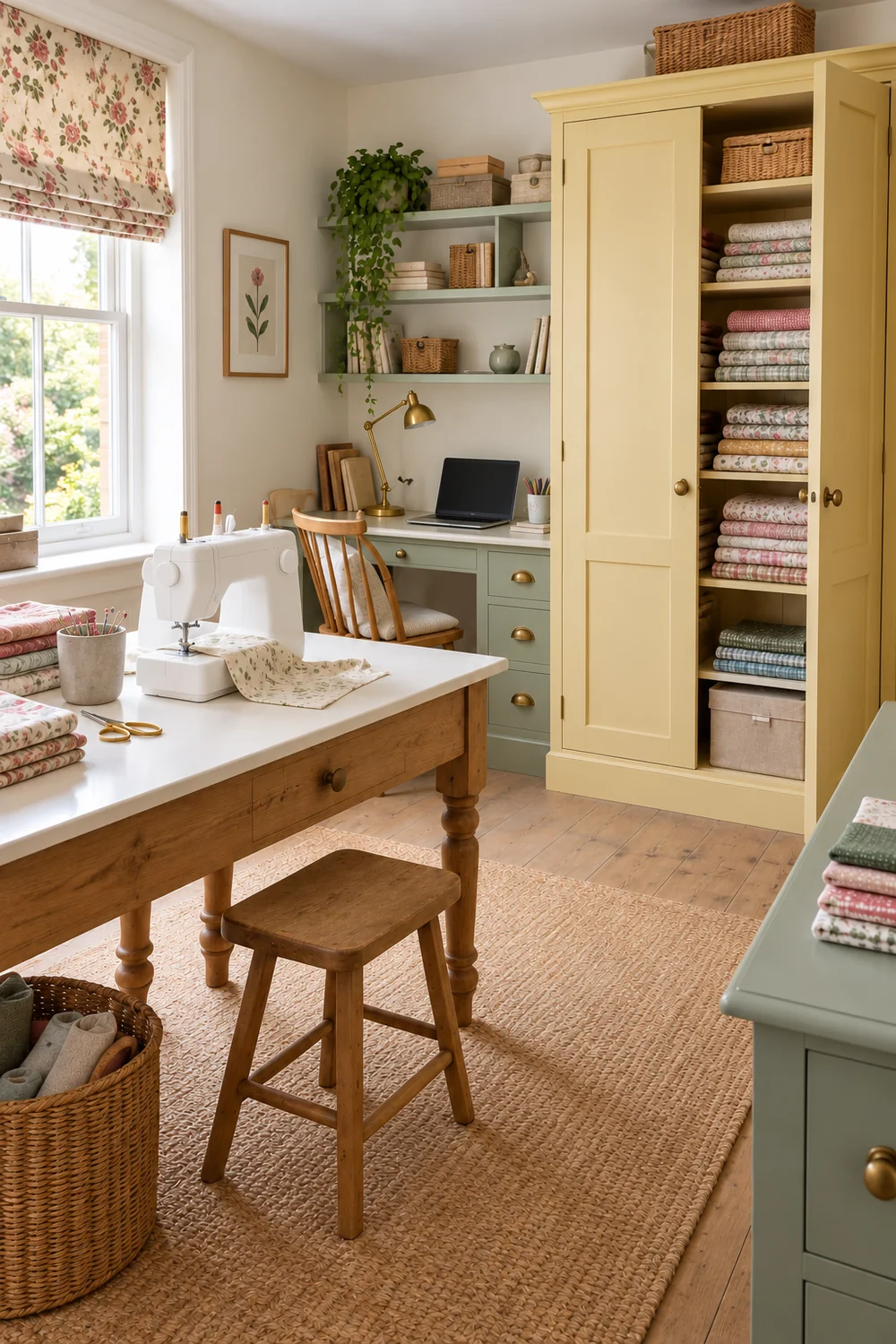Open yellow cupboard storing folded fabric behind a pine sewing table