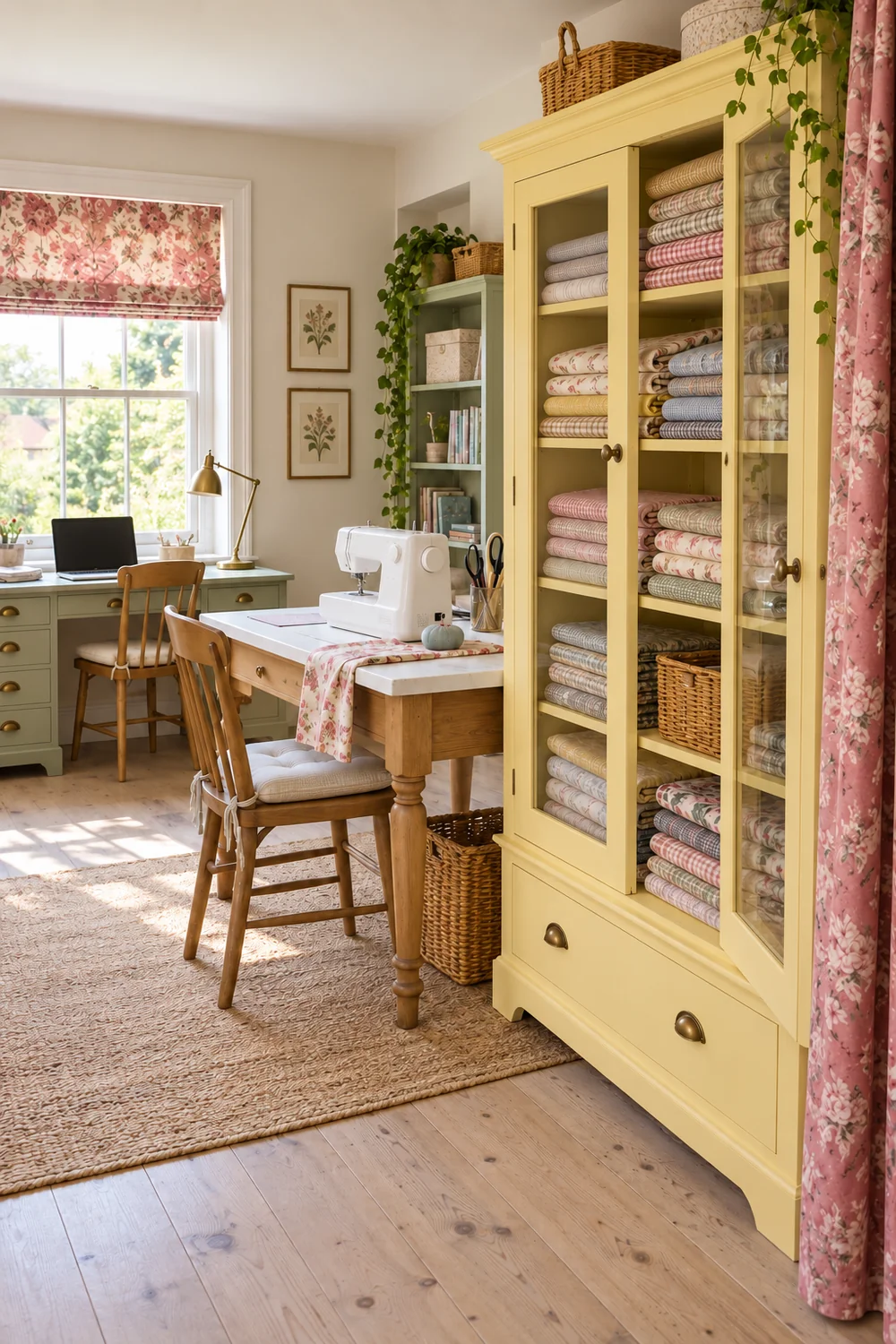 Open yellow fabric cupboard beside a sewing table in a cottage office