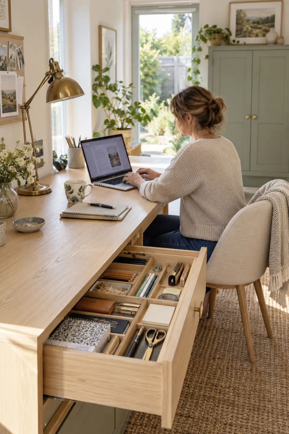Organised daily supplies inside an open oak desk drawer