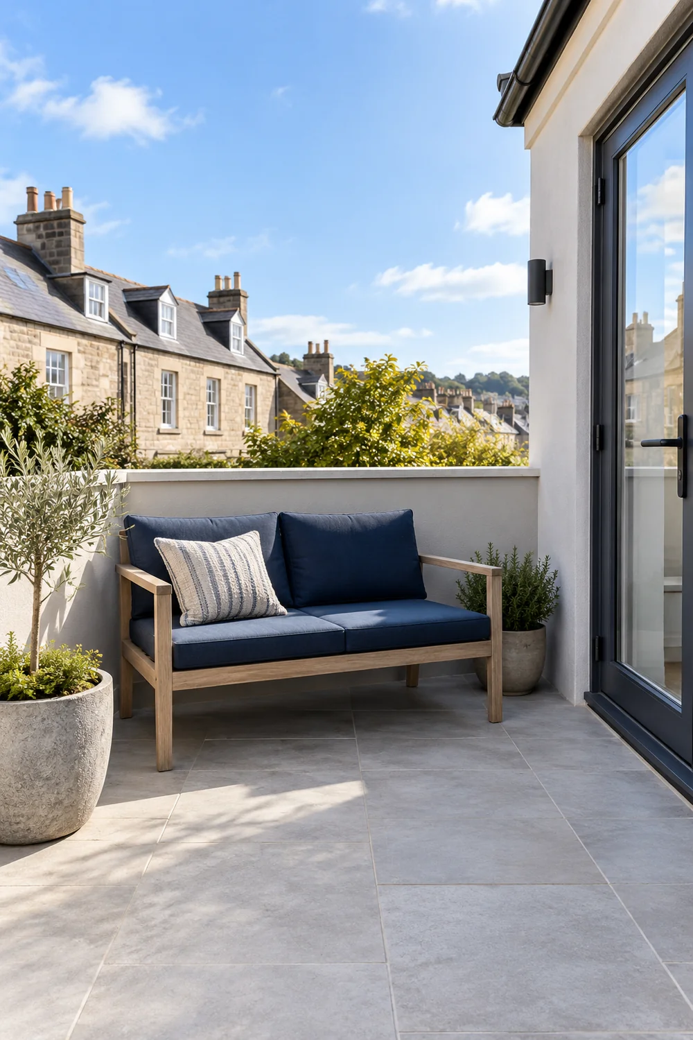 Outdoor bench with navy cushions on a small paved terrace