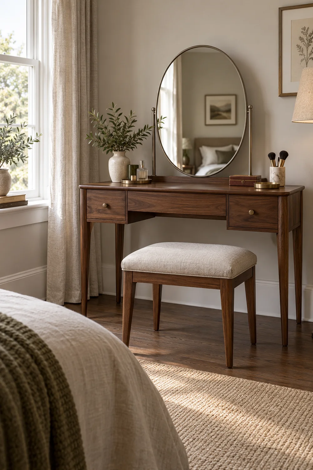 Oval bedroom vanity mirror positioned for seated view