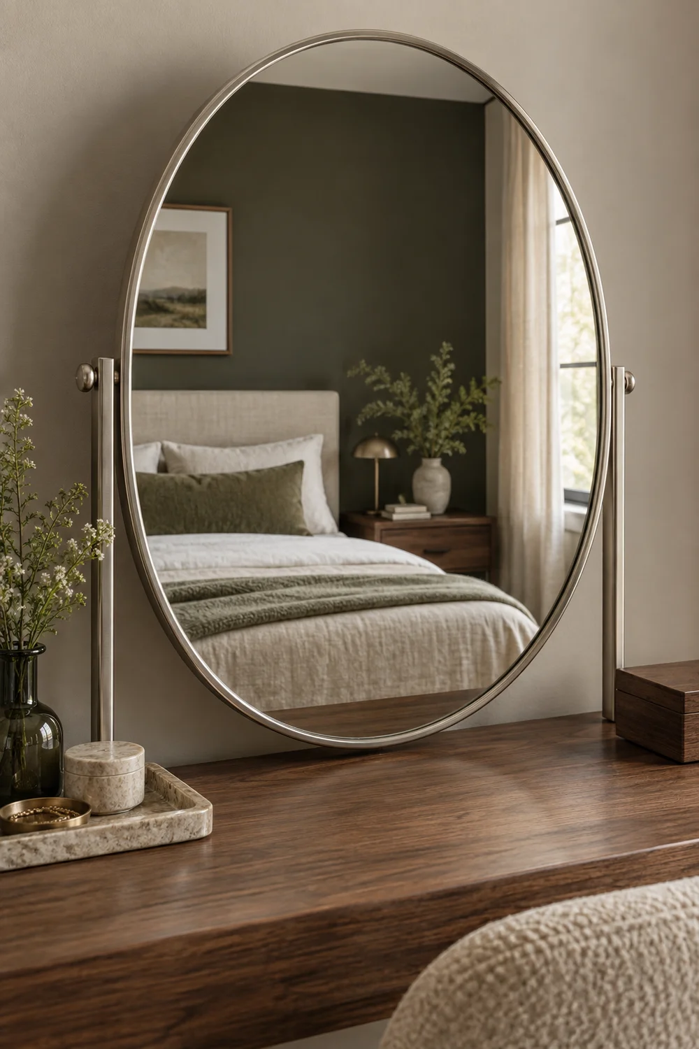 Oval bedroom vanity mirror reflecting made bed and daylight