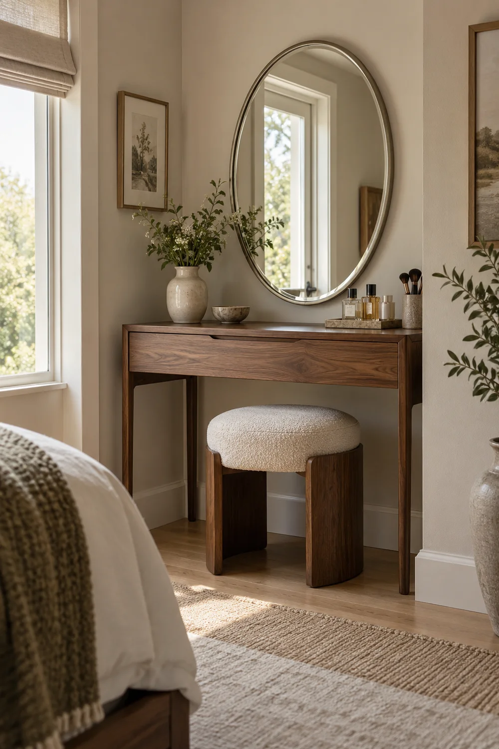 Oval mirror and slender table fitting an unused bedroom corner