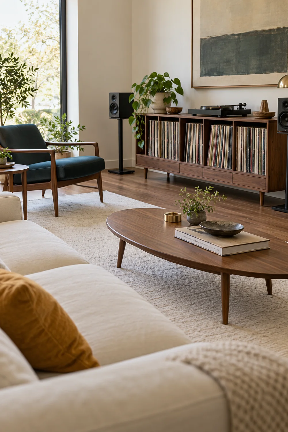 Oval walnut coffee table between cream seating and a record storage wall