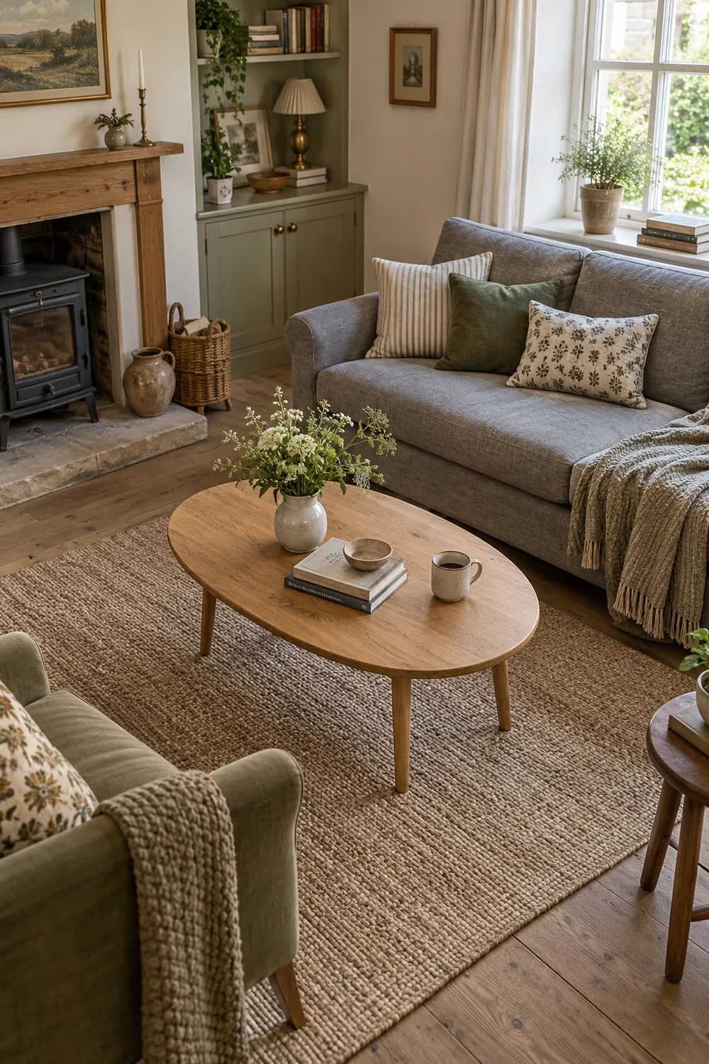 Oval wooden coffee table in front of a grey cottage sofa