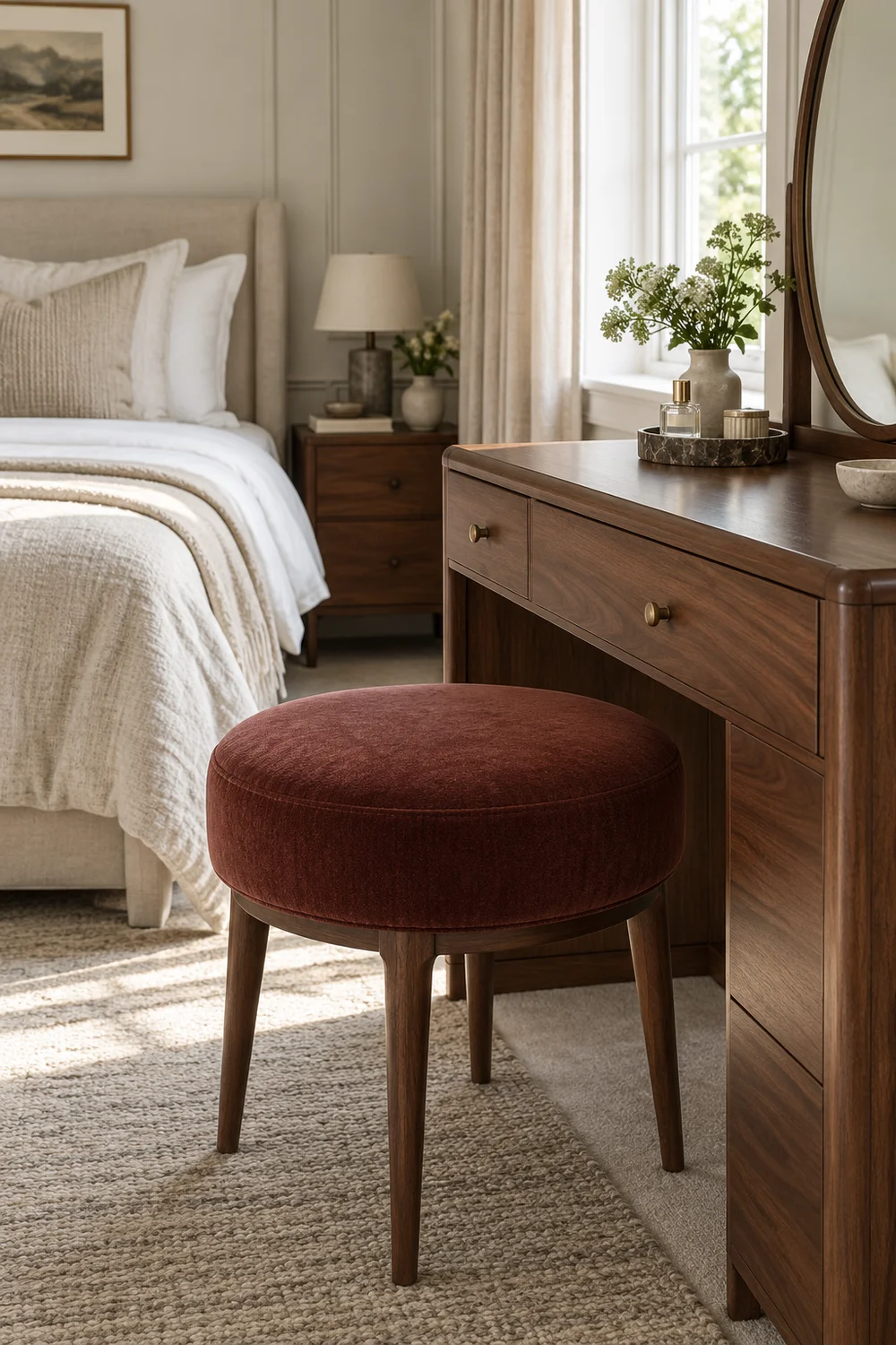 Oxblood upholstered stool adding small colour accent to calm vanity