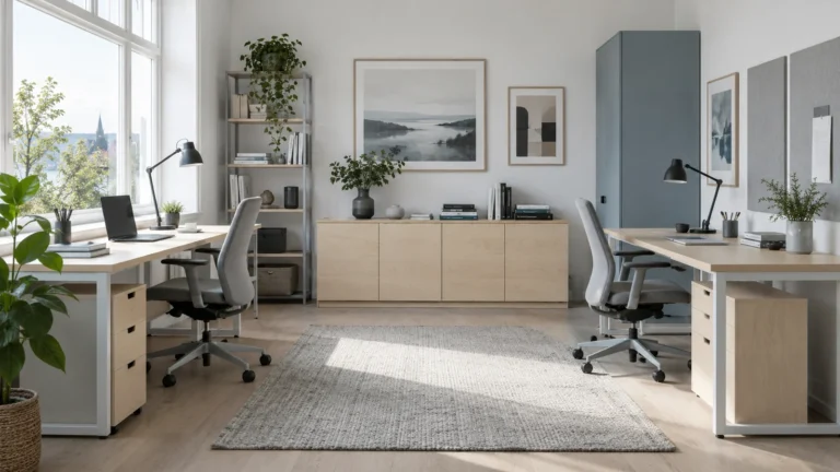 Paired Scandinavian desks with individual lights and chairs in a compact office