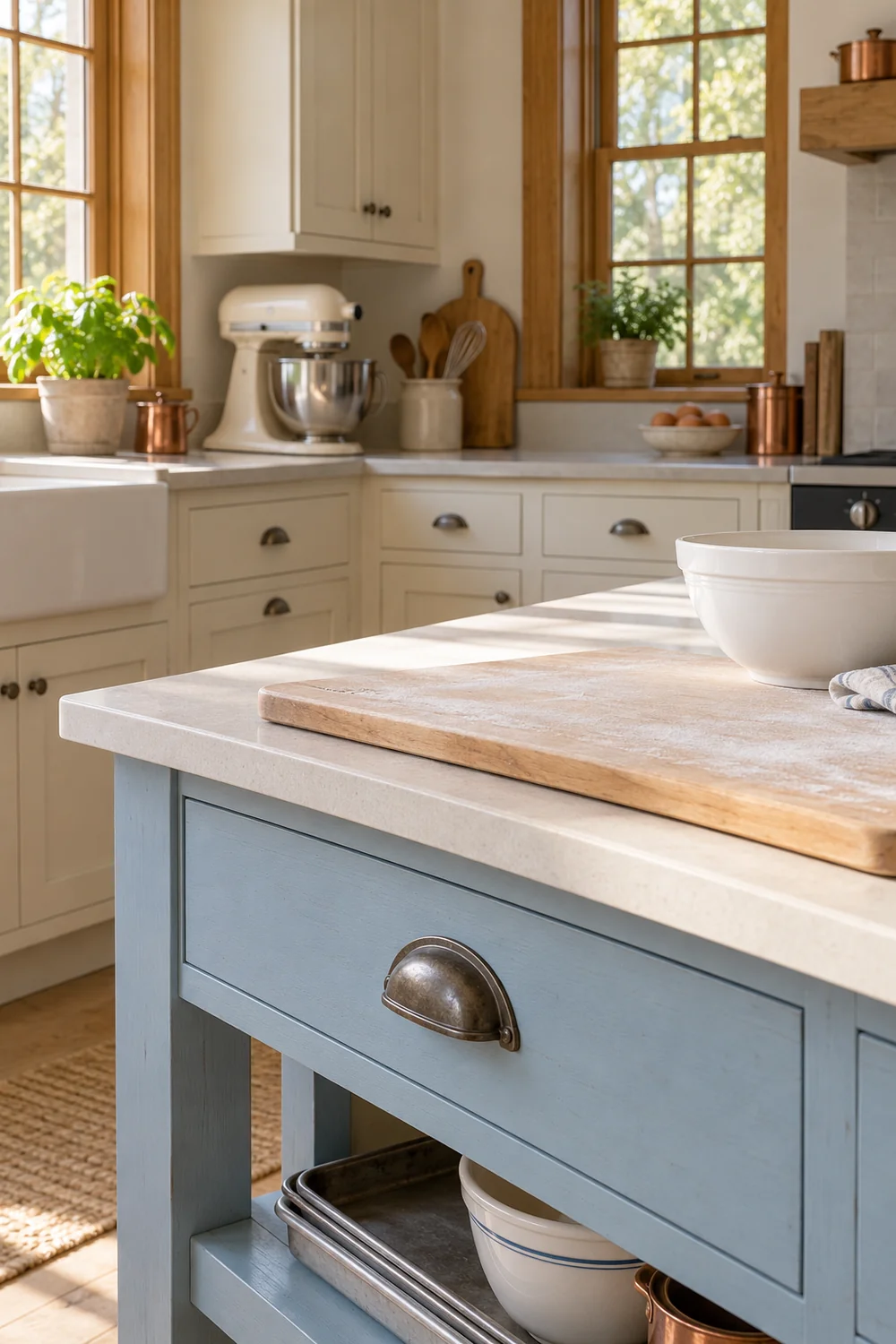 Pale baking board and white bowl above a blue cabinet with pewter handle