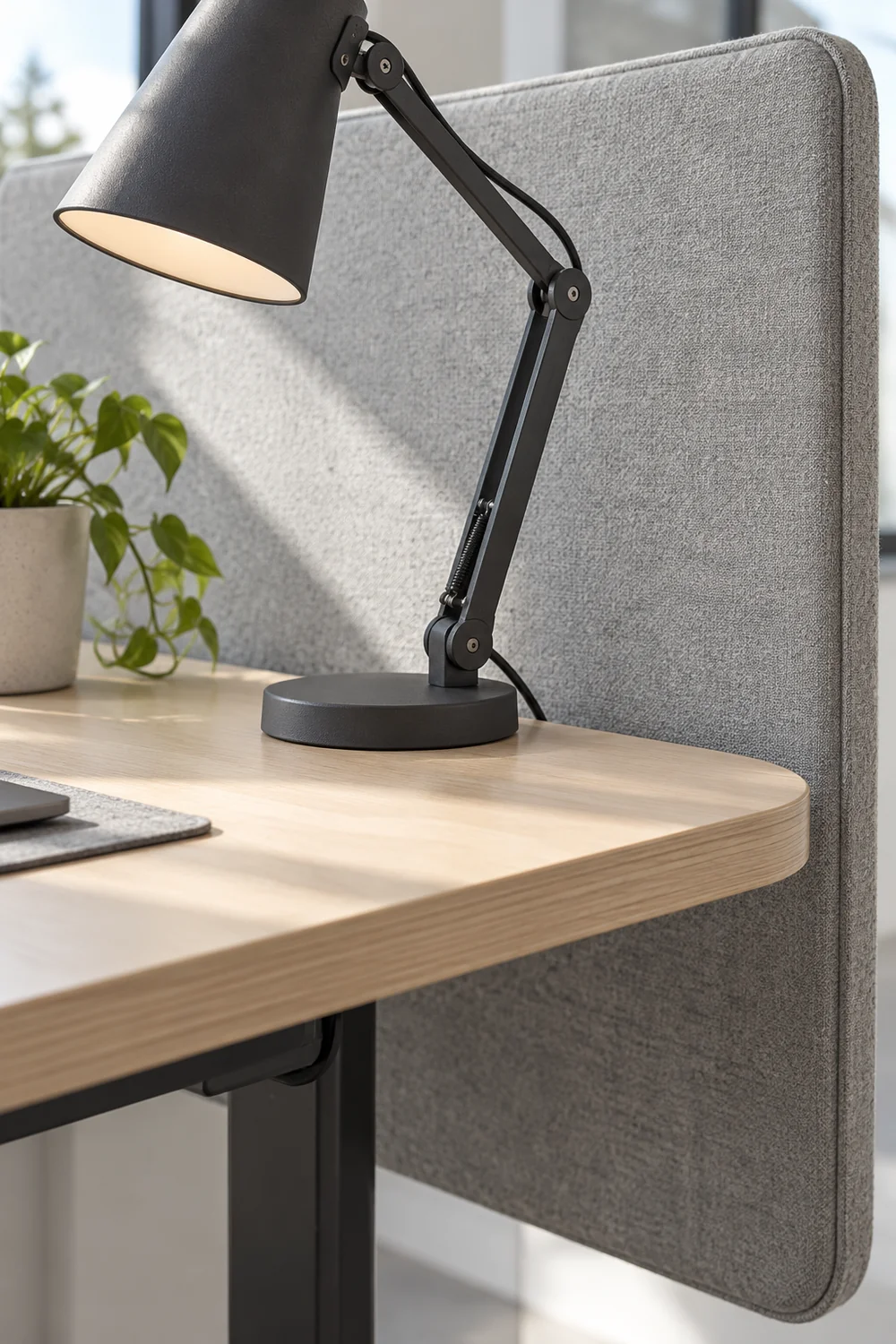 Pale birch desk edge with charcoal lamp and wool grey panel