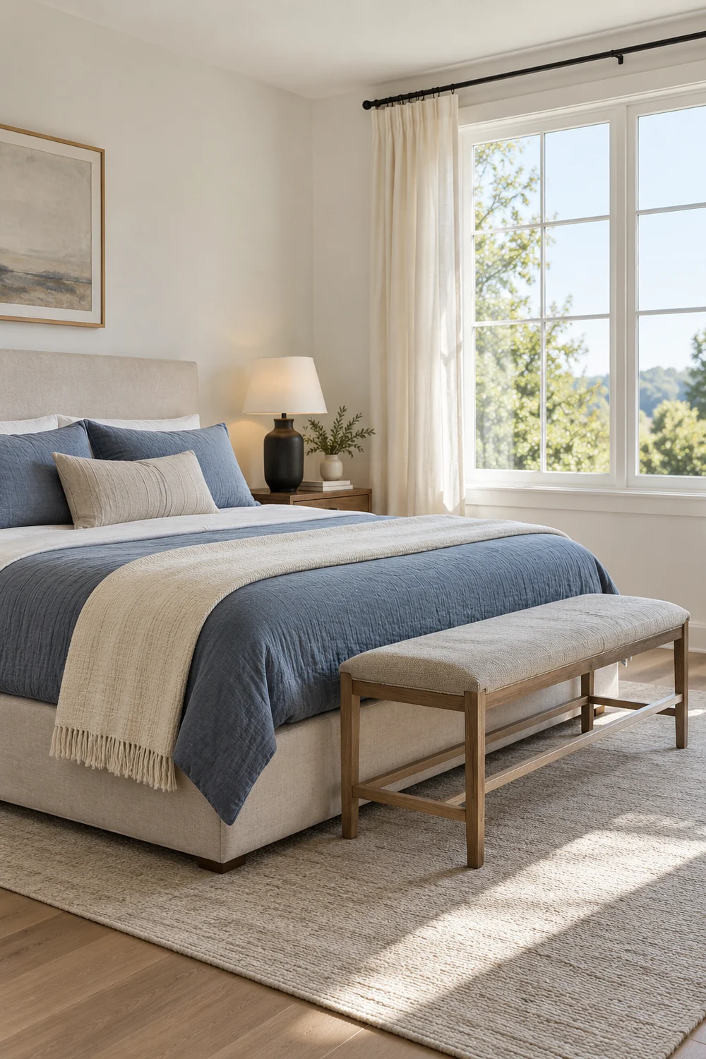 Pale blue covered bed and a wooden luggage bench beside a broad window