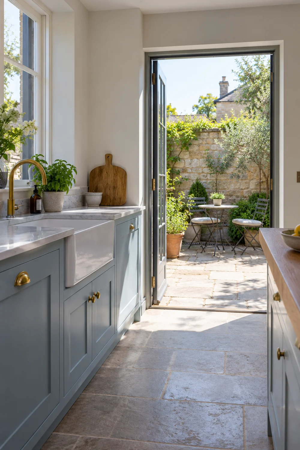Pale blue kitchen with an open door to a stone courtyard