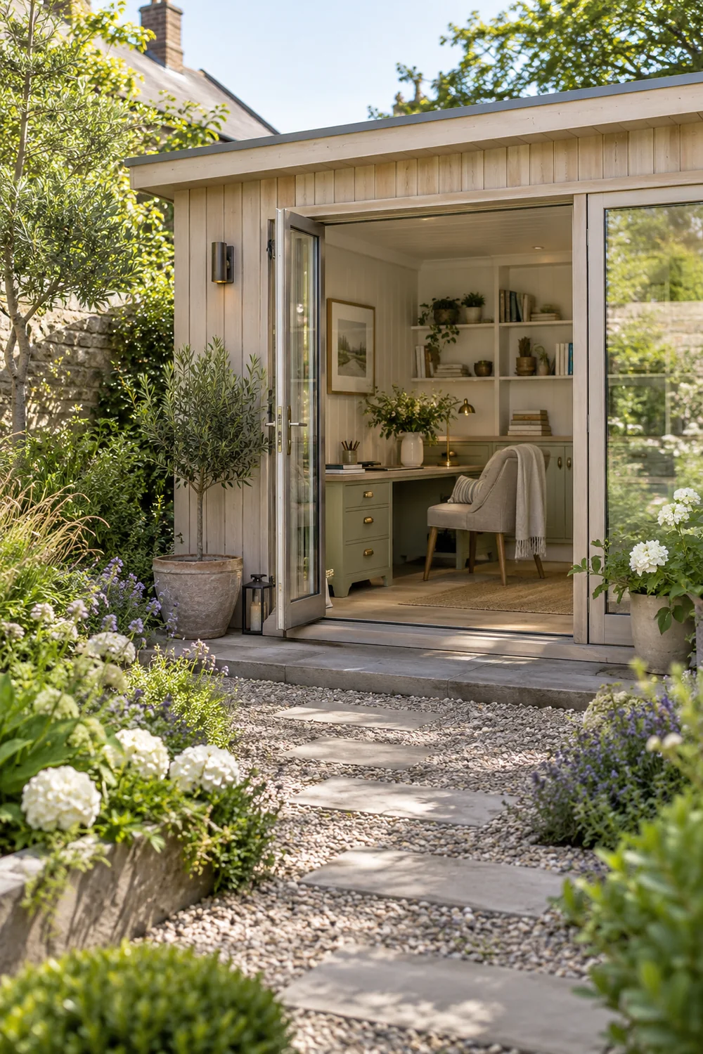 Pale garden office exterior with an open door and planted path