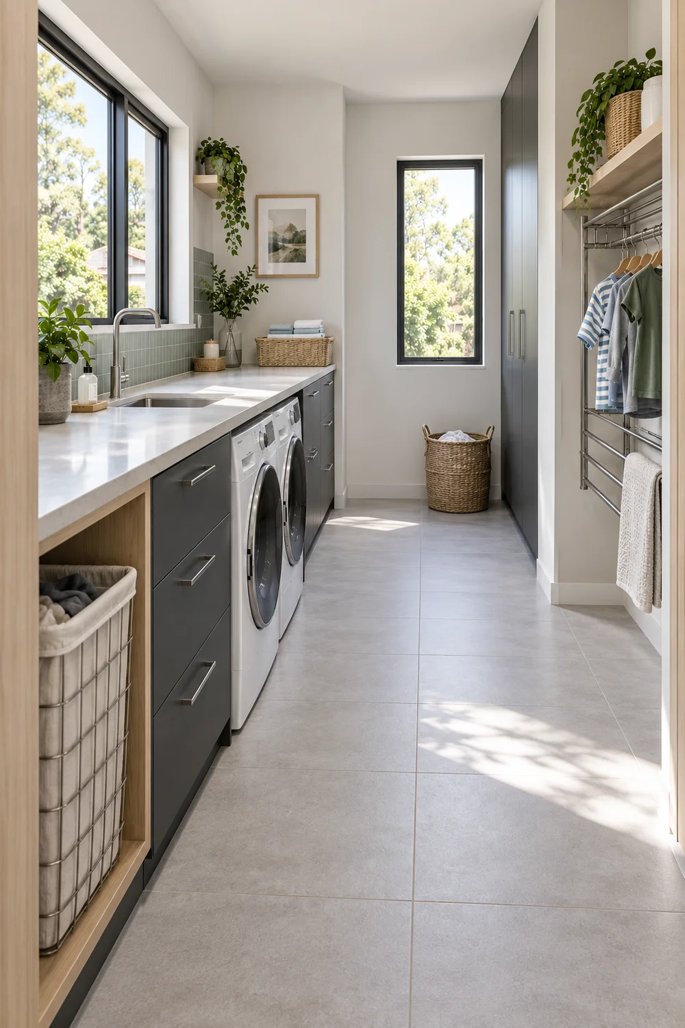 Pale laundry counter with ash storage and charcoal cabinets in daylight