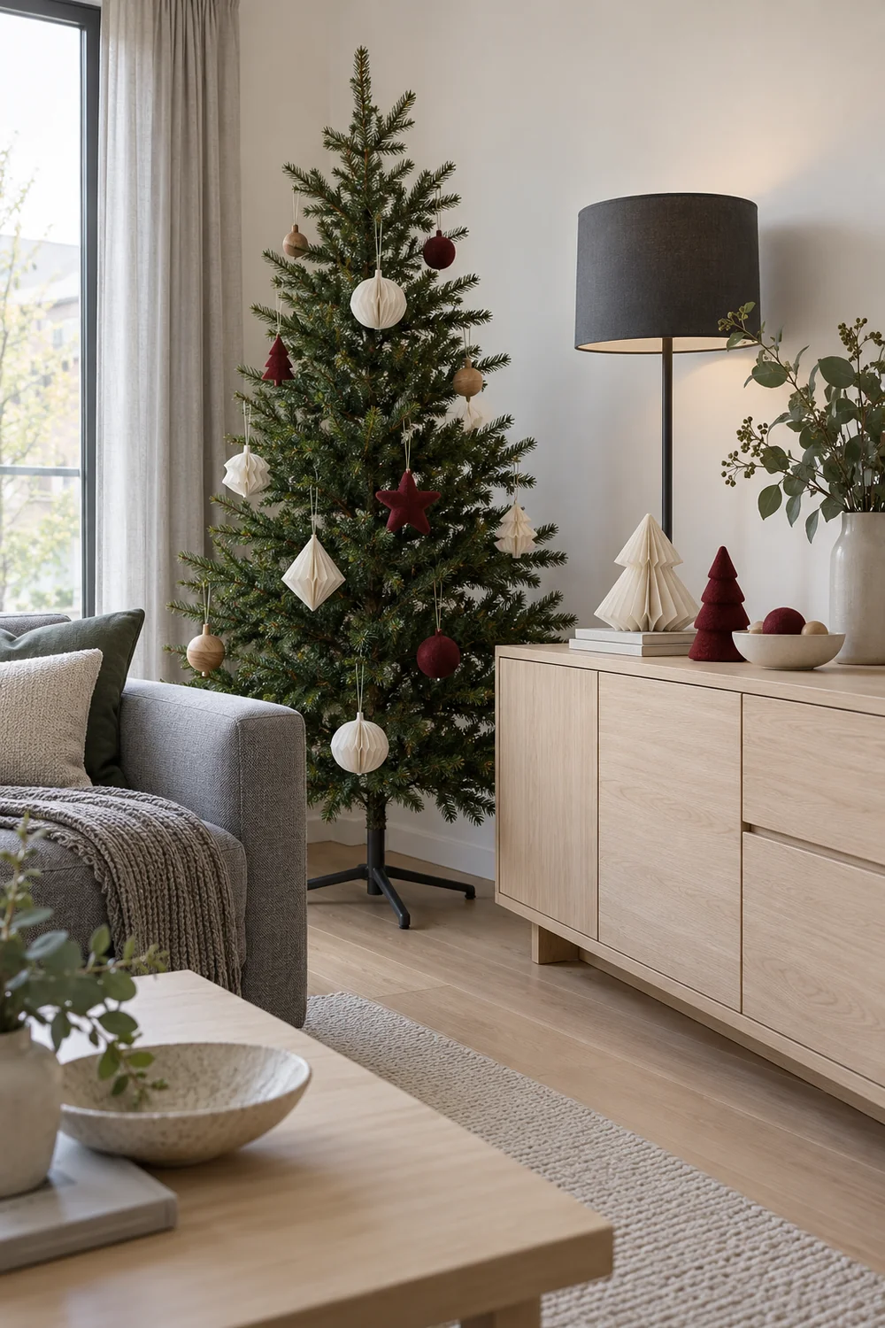 Paper and felt Christmas decorations beside a grey sofa and ash sideboard
