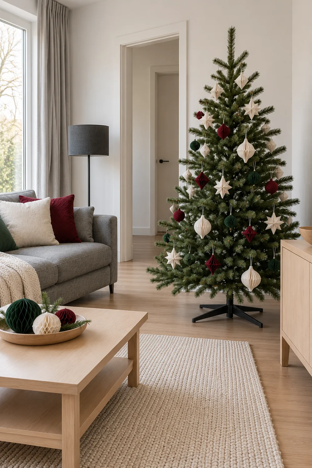 Paper decorated Christmas tree with a visible dark stand beside grey seating