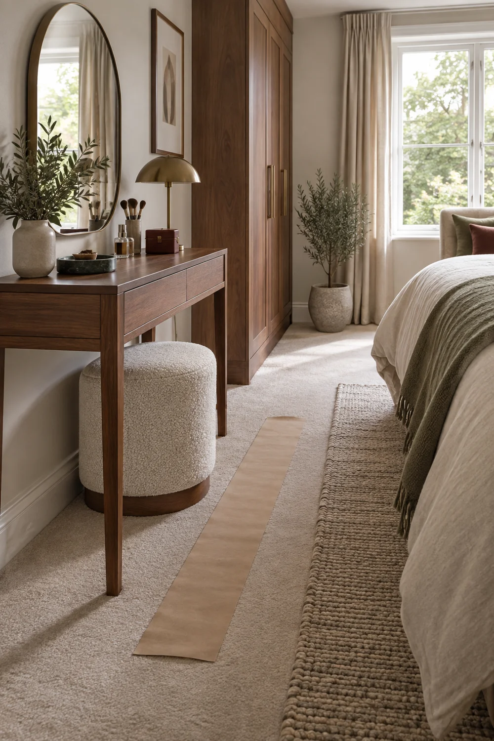Paper strip testing deeper dressing table footprint beside bed