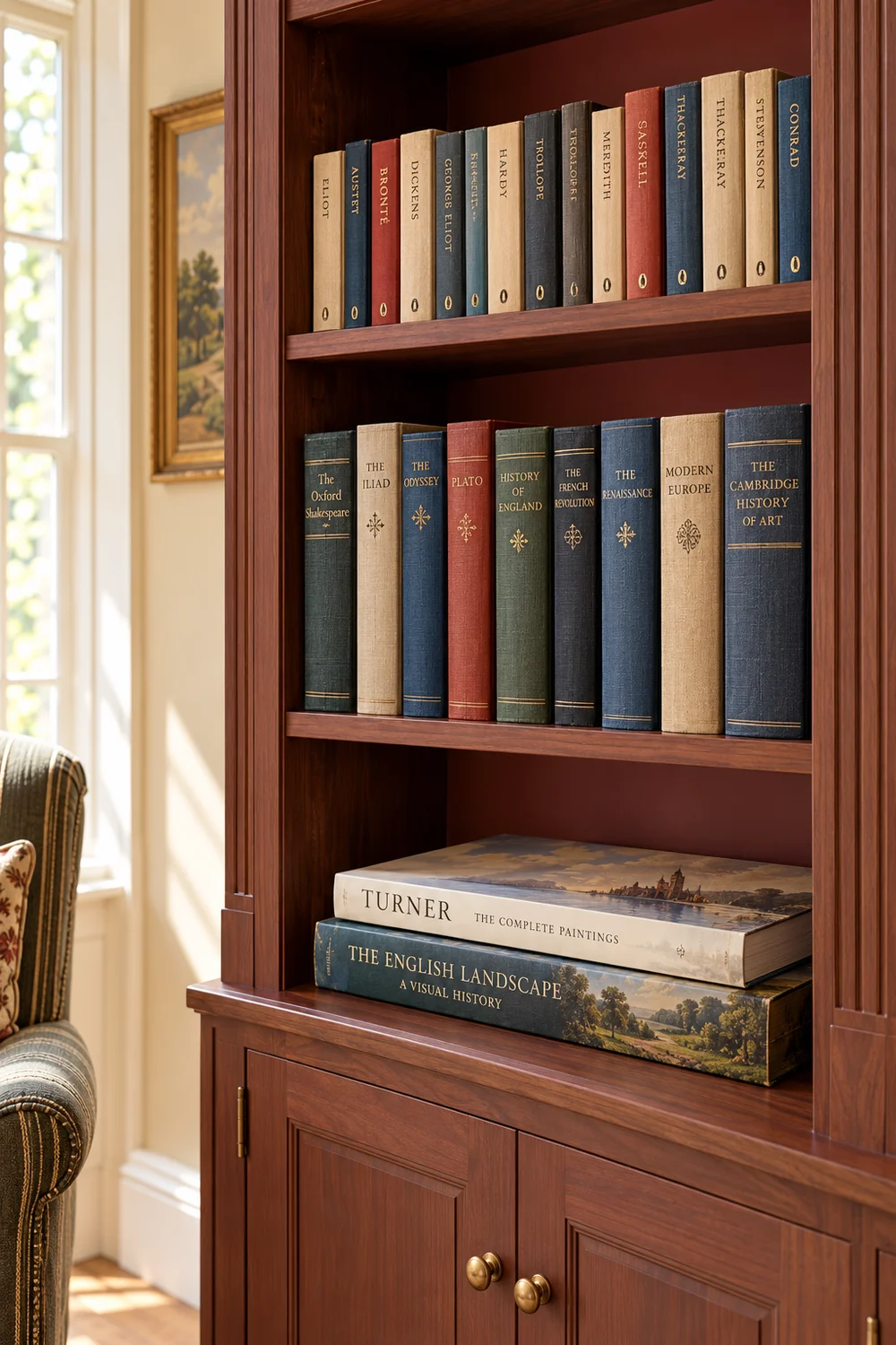 Paperback row taller hardbacks and two flat illustrated books in separate walnut shelf openings