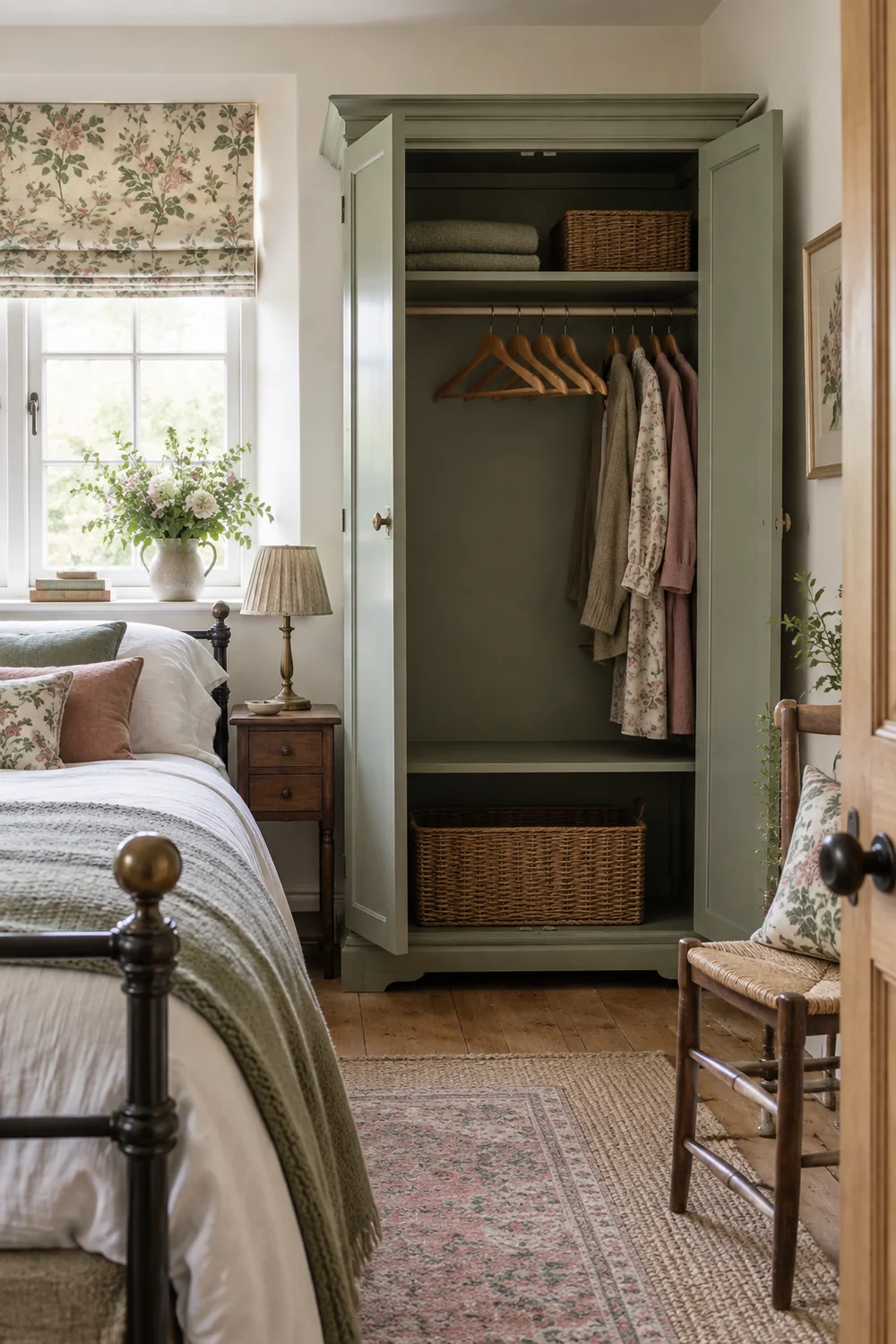 Partly cleared sage painted wardrobe with empty shelf, hangers and clear access in a small guest room